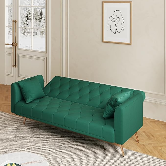 71 Futon Sofa Bed VelvetConvertible Sleeper Sofa CouchModern Folding Futonwith 3 Adjustable Backrests and 2 Pillowsfor Small Living Room Bedroom Office (Green)
