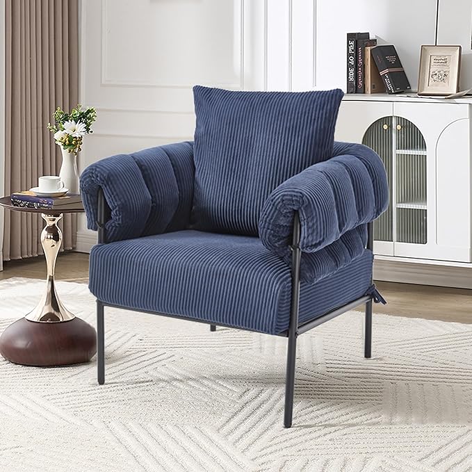 YISHENG Modern Velvet Accent Chair Upholstered Comfy Lounge Sofa Chair Fabric Oversize Lazy Arm Chair with Soft Cushion Metal Frame Reading Chair for Living Room BalconyBedroomBlue 1PC