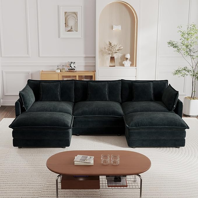 KEIKI 112 U-Shaped Oversized Chenille Modular Cloud Sectional Sofa with 2 Ottoman High-Density Foam Cushion Modern 3-Seater Fluffy Corner Couch with 5 Pillow for Apartment Living Room Black