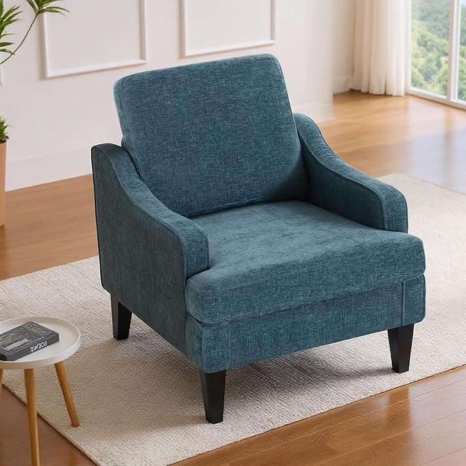 Accent Chair for Living RoomMid-Century Arm Chair Fabric Living Room ChairsUpholstered Reading Chair for BedroomSingle Sofa Chair with Wood Legs for Apartment (1 Chenille Blue)