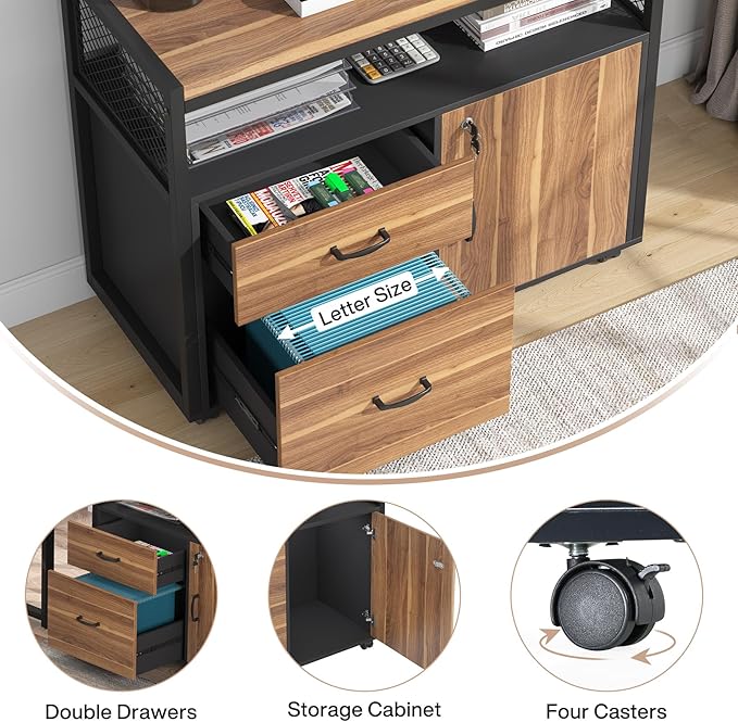 Tribesigns 55-inch L Shaped Desk with Drawer Cabinet Executive Computer Desk and lateral File Cabinet 2 Piece Home Office Furniture with Drawers for Hanging File Doors with Locks (Brown 55 inches)