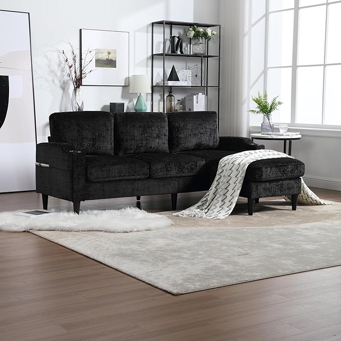 L Shaped Couch with Storage Ottoman 77 Chenille Small Sectional Couches with 2 Cup Holders &amp Storage Pocket for Small Space Comfy Cloud Sectional 3 Seater Couch Black