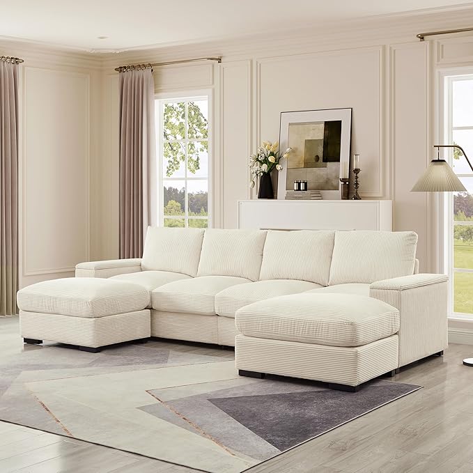 122 Oversized Modular Sectional Sofa Cloud Couch with 2 Ottomans Comfy Corduroy Upholstered Deep Seat Large U Shaped Lounge Sofa&ampCouches with Hidden Arm Storage Box