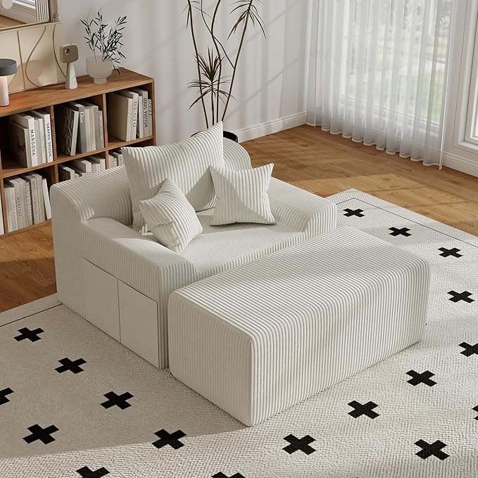 60'' Chaise Lounge Chair Indoor Oversized Upholstered Sofa Bed Sleeper Couch Reading Chairs Plush Corduroy Fabric Sofas Couches for Living Room (White)
