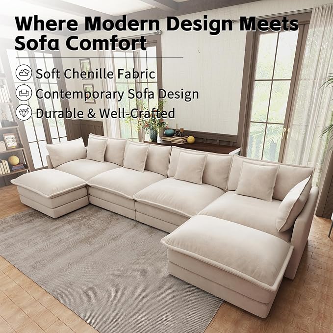 146.5 U Shaped Couch Modular Sectional Sofa Comfy Chenille Cloud Couch with Movable Ottoman and Pillow Modern 4-Seater Deep Seat Sofa for Living Room(KhakiU Shaped Sofa)