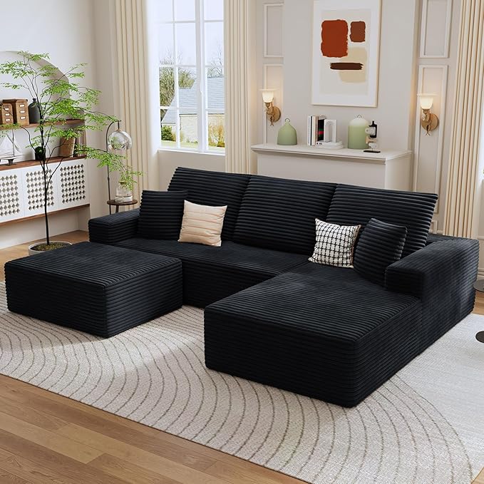 107 Cloud Sectional Couch with U-Shaped Chaise Corduroy Sectional Sofa with Ottoman Boneless Couch with Deep Seat in a Box for Living Room No Assembly Required (Black Right Facing Chaise)