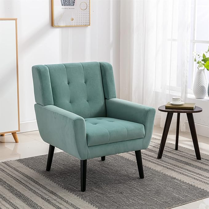 SSLine Velvet Accent Arm ChairMid-Century Modern Upholstered Wingback Single Sofa Armchair Club Chair with Solid Wood Legs Thick Cushion for BedroomReadingLiving Room Chair(Mint Green)