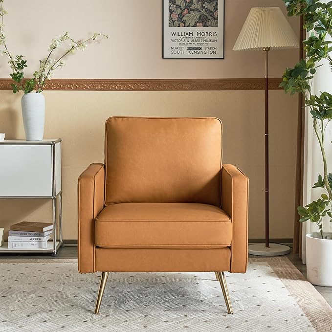 VINGLI Modern PU Leather Accent Chair for Living RoomBedroom Comfy Chair Arm Chair Reading Chair with Golden Metal Legs and Deep Seat for OfficeApartmentSmall SpaceCognac