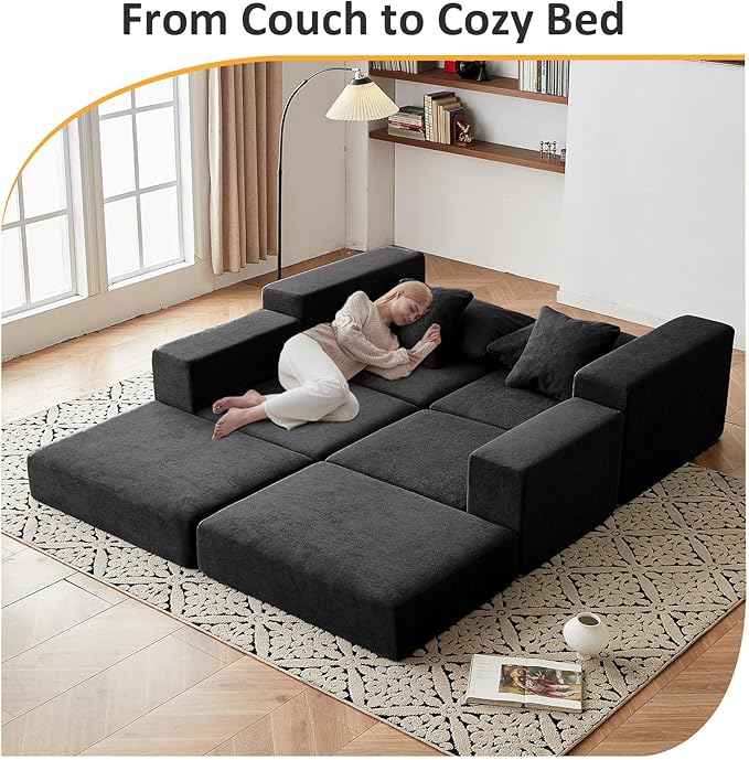 Modular Sectional Loveaeat Cloud Sofa Boneless Couch with Non Slip Base Cozy Sleeper Sofa for Customizable Living Spaces Modern Modular Couch with L-Shape Chaise Deep Seat &amp No Assembly Black