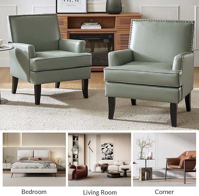 HULALA HOME Modern Faux Leather Accent Chair Comfy Upholstered Sofa Chair with Nailhead Trim Living Room Bedroom Armchair with Wood Legs Sage