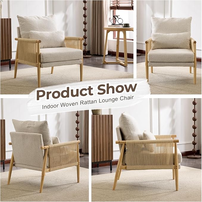 Karl home Cozy Chenille Accent Chair with Lumbar Pillow &amp Rattan Arms Modern Lounge Chair for Living Room Bedroom Reading Nook Gray