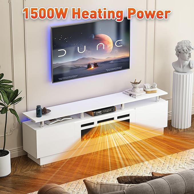MXV 80 Fireplace TV Stand Modern Entertainment Center &amp 36 Inch Electric Fireplace with Remote Control LED Light Fire Place Tv Stand for Living Room for TVs up to 90 White + White