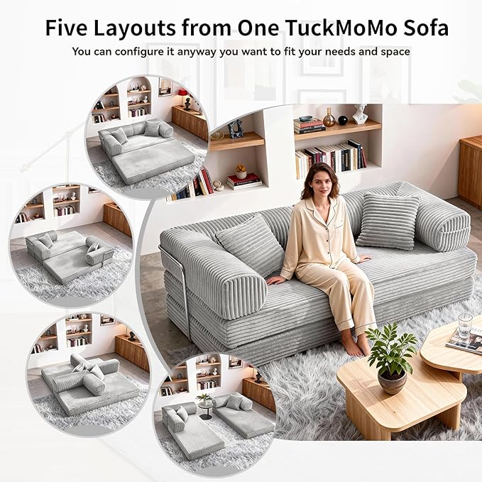 76.77 Inch Convertible Sofa Bed Modern Corduroy Futon Boneless Couches Lounge Loveseat with Side Storage Pocket Pull Out Sofa Bed for Living Room Bedroom No Assembly Required Grey