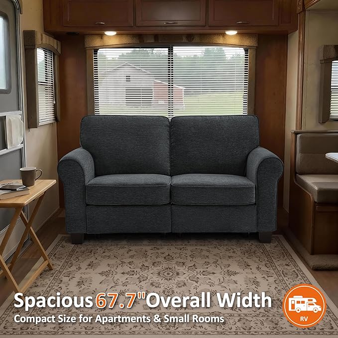 MCombo 67.7 Loveseat Sofa 2-Seater Small Couch for Small Spaces Classic Rolled Arm Upholstered Sofa with Solid Wood Legs for Living Room Removable Cover Chenille Fabric VE730 (Dark Grey)