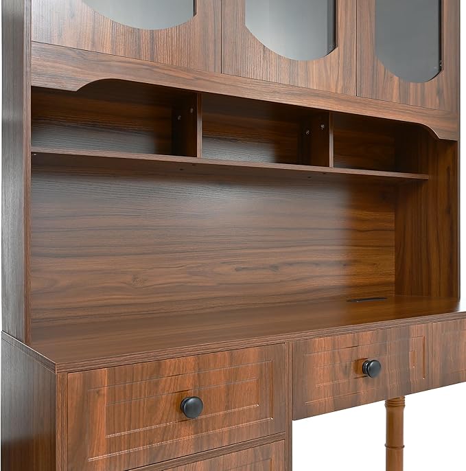 47'' Retro Home Office Desk with Charging Ports and Hutch Cabinet Wooden Executive Computer Desk with 5 Storage Drawers and Transparent Glass-Door Bookshelf for Home Office Bedroom (Walnut-04)