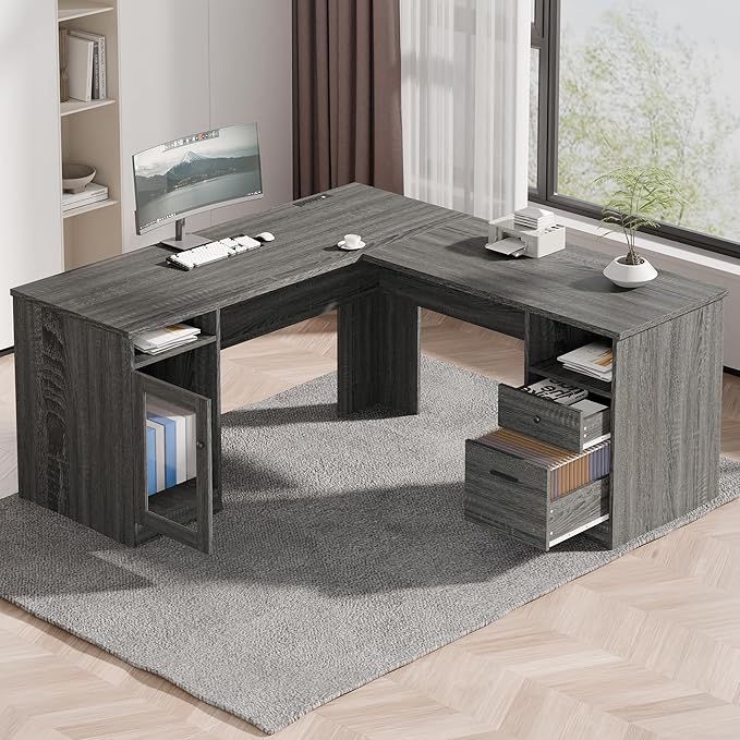 MU L Shaped Desk with File Cabinet Corner Computer Desk with Storage Drawers Large Home Office Table with Power Outlets 60 Inch (Grey)