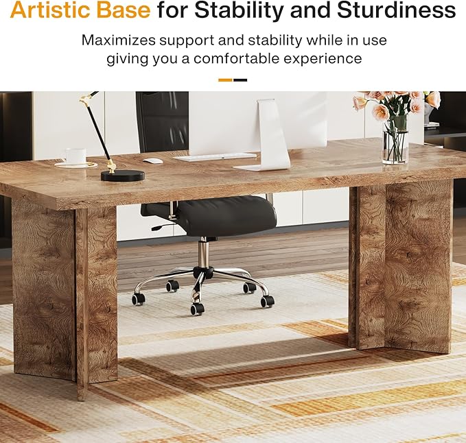 Tribesigns 63-inch Executive Desk Vintage Home Office Computer Desk with Large Tabletop Farmhouse Wood Writing Conference Table Workstation for Office Study Light Oak Brown