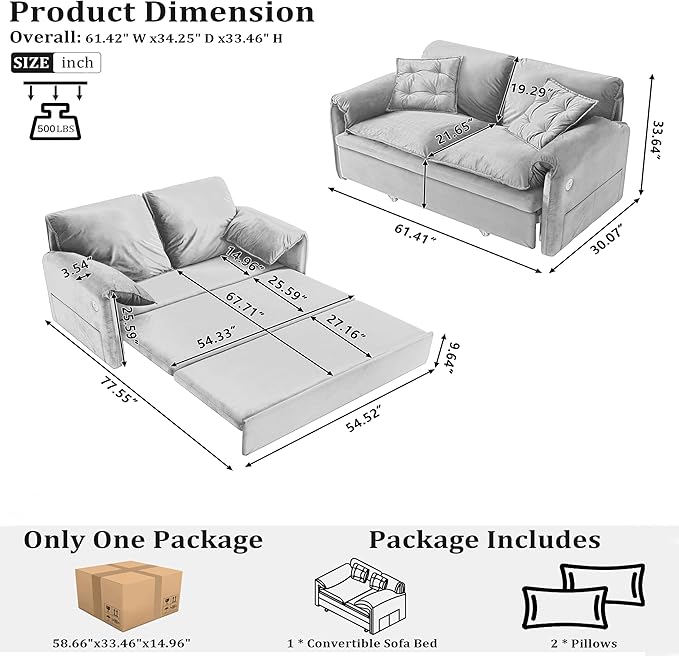 Queen Pull Out Futon Sofa Bed with USB Ports 3-in-1 Modern Convertible Sleeper Sofa with Side Pocket ＆ Rivets Comfy Corduroy Loveseat Couch for Living Room Bedroom Apartment (Black Velvet)