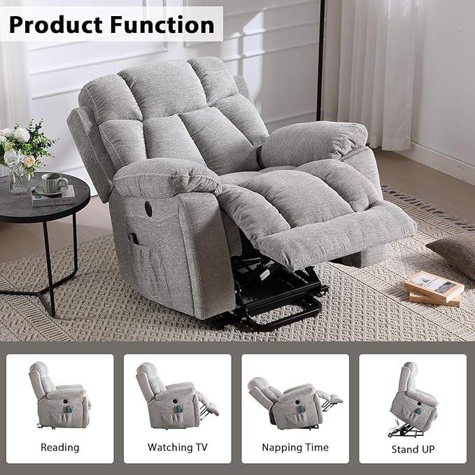 CANMOV Large Power Lift Recliner Chairs with Massage and Heat for Elderly Big People Heavy Duty Motion Reclining Mechanism-Anti Skid Fabric Recliner Chair with 2 Concealed Cup Holders Smoke Gray
