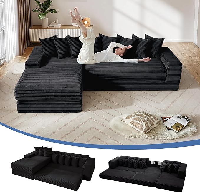 110'' Oversize Cloud Sectional Couches for Living Room Convertible Sleeper Sofa Bed Big Comfy Couch with 2 Side Pockets &amp 8 Pillows Corduroy Free-Combined (Black 110 -Left Facing Chaise)