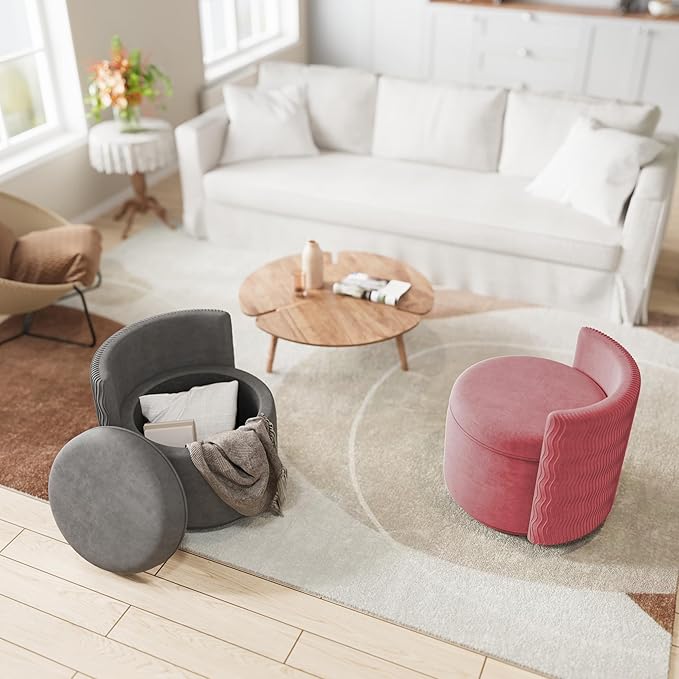 360° Swivel Accent Chair with Storage Vanity Stool with Back Velvet Storage Ottoman Upholstered Round Barrel Vanity Chair for Living Room Makeup Room Bedroom (Dusty Rose)