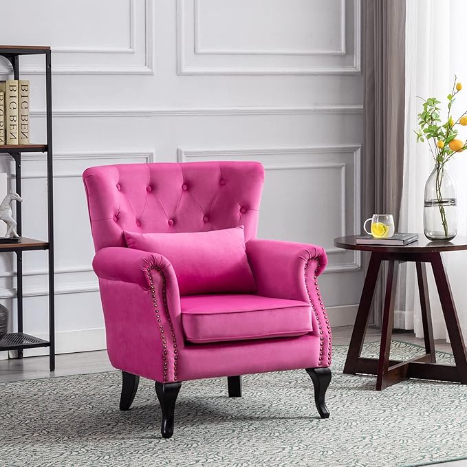 Accent Reading Arm Chairs Set of 2 for Living Room Bedroom Midcentury Modern Comfy Corner Sofa Chair Wingback Waiting Room Club Chair with Button Tufted Back &ampLumbar Pillow Velvet Rose