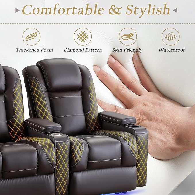 TUNYI Home Theater Recliner Chair - Power Recliner Sofa Chair with Adjustable Headrest Faux Leather Reclining Chair with USB/Storage/LED Light/Cup Holder (Brown 2 Seat)