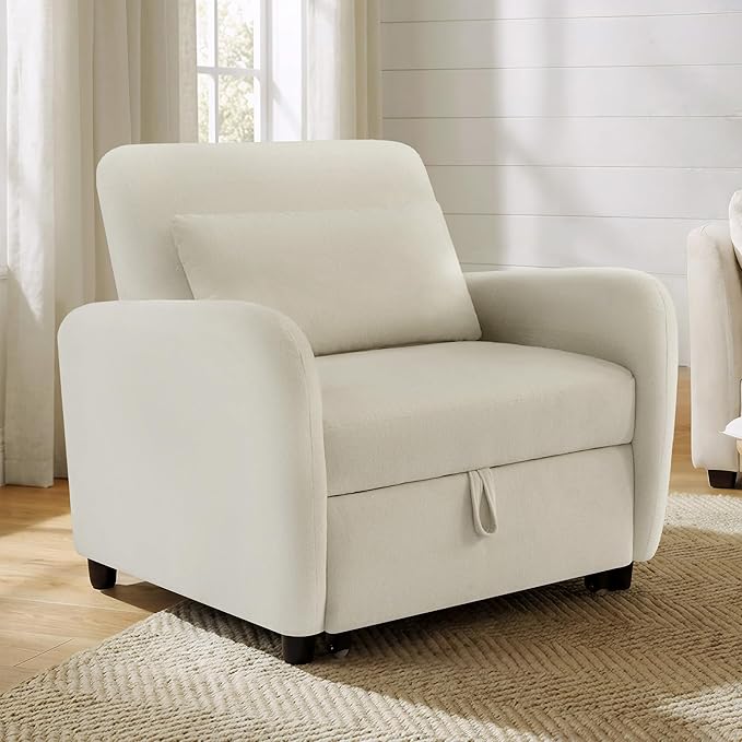 CHITA Sleeper Chair 3-in-1 Pull Out Convertible Single Sofa Bed with Adjustable Backrest Chenille Chaise Lounge Chair for Living Room Bedroom &amp Apartment Cream