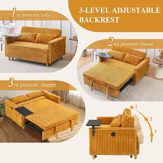 3 in 1 Pull Out CouchCorduroy Upholstered Convertible Sleeper Sofa Bed with Movable Side Table Modern Multifunctional Sofa with USB Port Cushioned Couch for Living Room (Yellow)