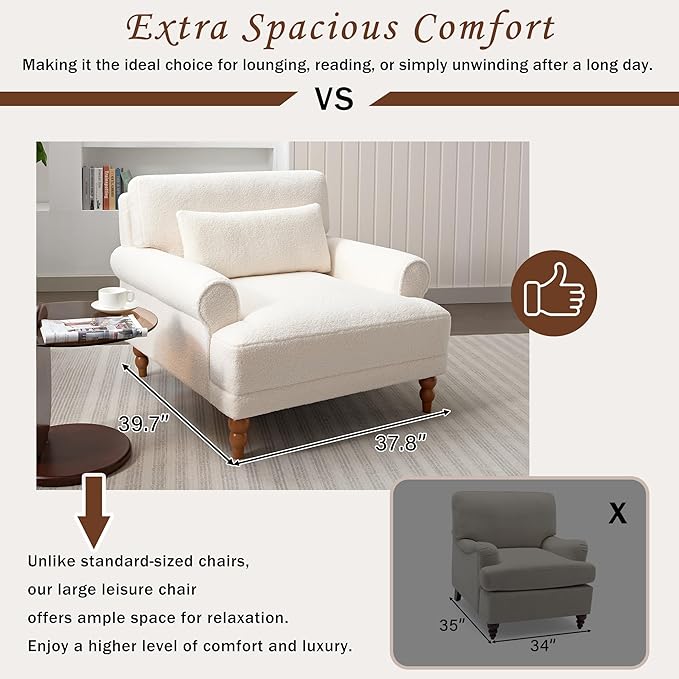 Christopher Knight Home Accent Chair Boucle Club Chair Upholstered Lounge Chair Large Size Armchair Roman Column Legs Cozy Reading Single Sofa Chair for Living Room Bedroom Home Study White