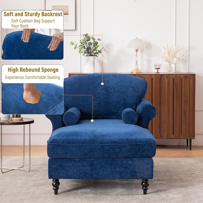 Accent Chair 59'' Modern Armchair for Living Room Upholstered High Back Lazy Sleeper Armchair Recliner for Woman Chaise Lounge Chair Indoor Single Reading Sofa Chair with Wood Legs (Blue)
