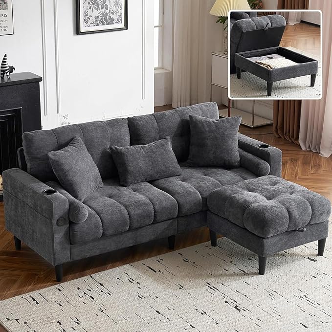 77 Grey L Shaped Couch with Storage Ottoman Chenille Small Sectional Couches with 2 Cup Holders &amp Charging Station for Small Space Comfy Cloud Sectional 3 Seater Couch (Grey)