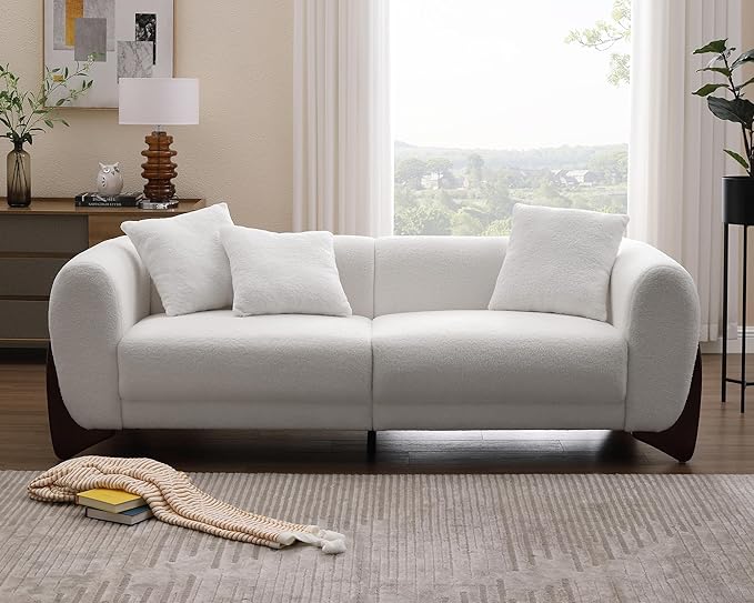 Morden Fort 2 Piece Cloud Couch Set Modern Sherpa Boucle Sofa Set with Wood Legs Skin-Friendly Minimalist Upholstered Comfy Couch Sofa for Living Room White 3-Seater &amp Geen Tilt Back Chair Mix