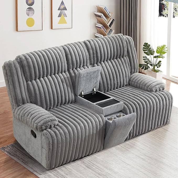 Oversized Reclining Loveseat with Hidden Cup Holders &amp Wireless Charger Manual Double Recliner Sofa Wall Hugger Loveseat Recliner with USB Ports for Living Room (Gray Loveseat)