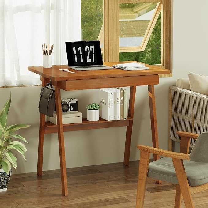 Solid Wood Desk with Drawers - 31.5 Inch Mid Century Modern Desks with Storage Shelf Small Writing Desk for Small Spaces Home Office Desks for Bedroom &amp Home Walnut Color