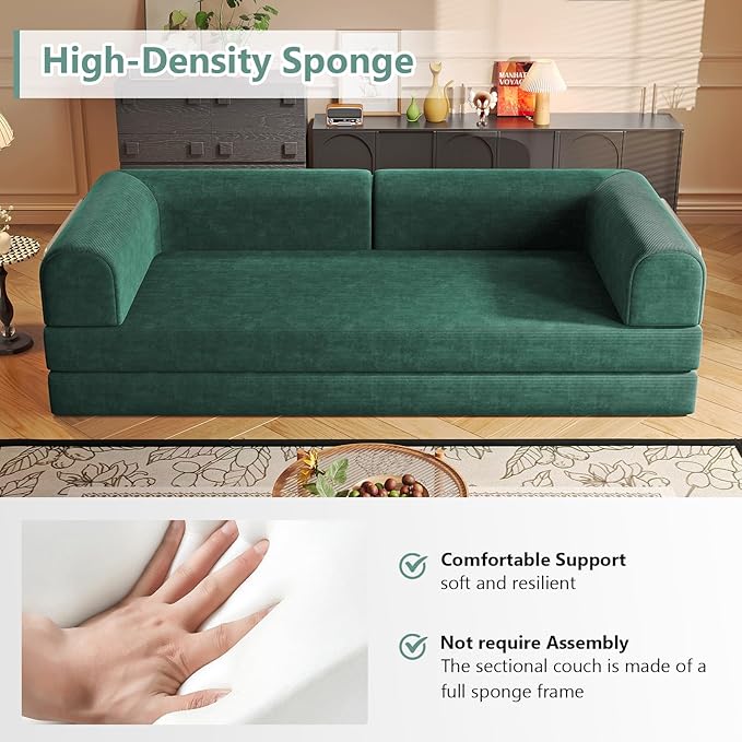 Folding Boneless Couch Convertible Sleeper Sofa Bed Futon Lounge Chair Boneless Corduroy Loveseat with Pull Out Bed Floor Sofa Modular Couch for Living Room Basement Movie Theater Room Green