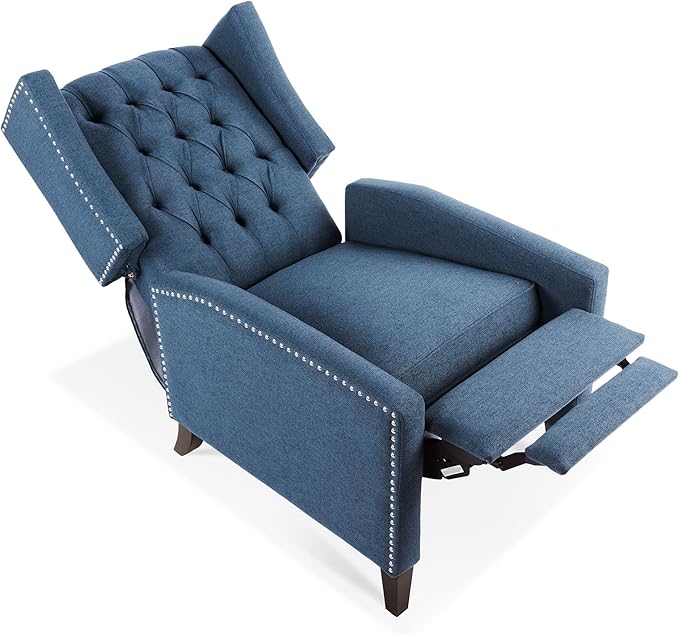 Pushback ReclinerComfortable Wingback Recliner Sofa Chair With Adjustable Backrest Tufted Fabric Upholstered ArmchairRetro Rivets Decorated Recliner for Living Room Bedroom Office Home Theater(Blue)