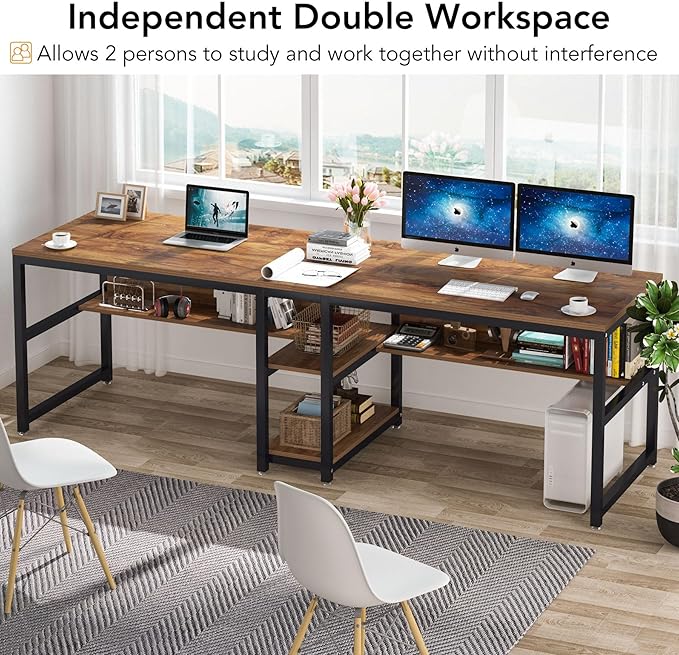 Tribesigns Two Person Desk with Bookshelf 78.7 Computer Office Double Desk for Two Person Rustic Writing Desk Workstation with Shelf for Home Office (Brown)