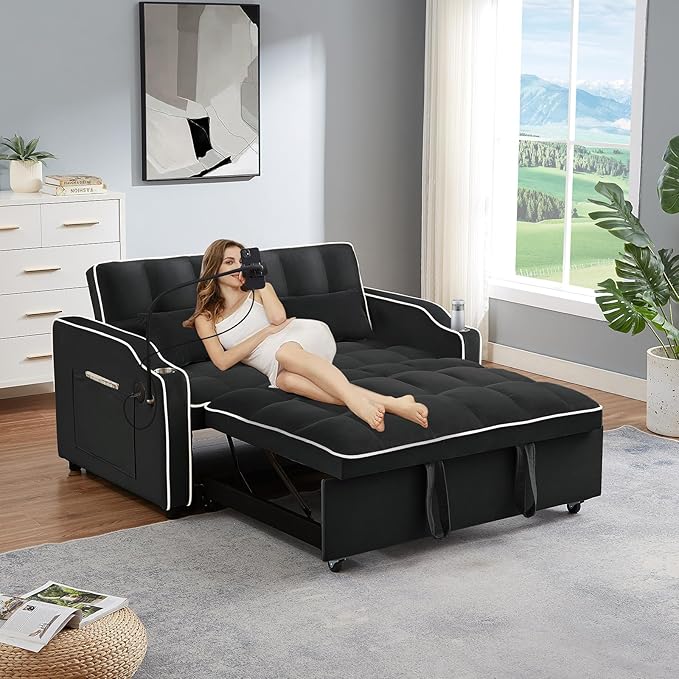 JEEOEHY 3 in 1 Convertible Sleeper Sofa BedVelvet Pull Out Couch Bed w USB&ampType C PortComfy Futon Loveseat w Adjustable Backrest&ampPhone Stand&ampCup Holder for Living Room Apartment Small Sp