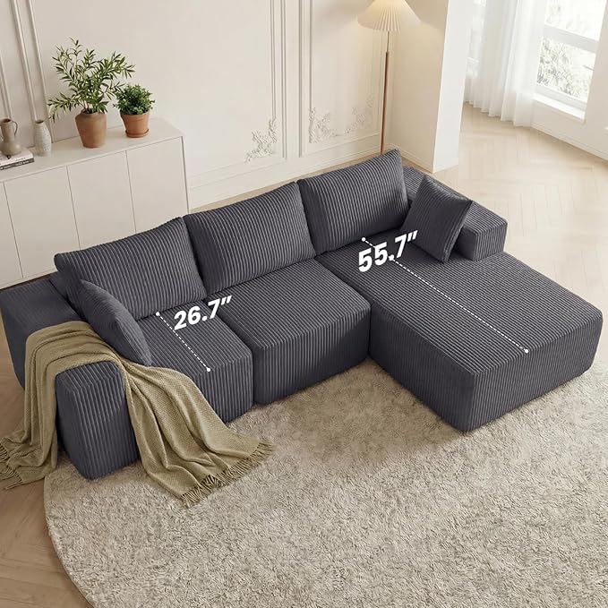 DUMOS 108 Boneless Couch Cloud Sectional Couch with L-Shape Chaise Modular Sectional Sofa with Deep Seat Fluffy Couch for Living Room Bedroom No Assembly Required (Grey Right Facing Chaise)