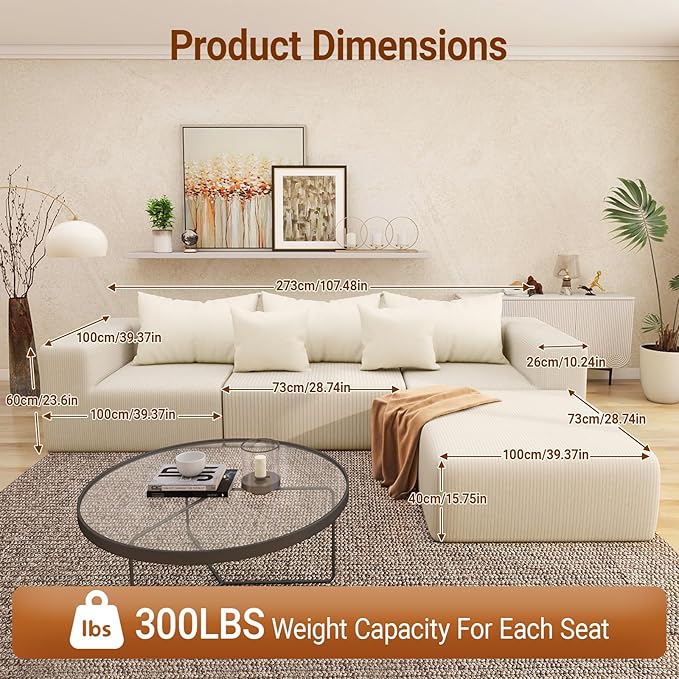 Cloud Modular Sectional Sofa for Living Room L Shaped Sectional Couch with Deep Seat 3-Seater Boneless Couch with Ottoman in Soft Corduroy Fabric Beige