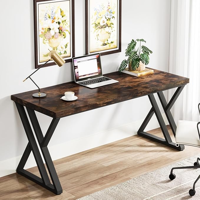 Tribesigns Writing Computer Desk 55 inch Heavy Duty Study Desk with Z-Shaped Metal Leg Modern Simple Home Office Computer Desk Rustic Brown