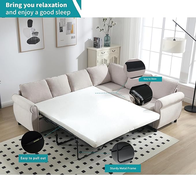 104 2-in-1 Queen Convertible Sleeper Sofa Bed Pull Out Couch Bed6 Seater Sofa Bedwith 3.35 Memory Foam MattressL Shaped Sleeper Sectional Sofa Couch with Rivet HandrailLiving Room