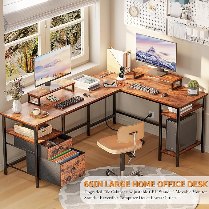 Furologee 66” L Shaped Desk with Power Outlet Reversible Computer Gaming Desk with File Drawer &amp 2 Monitor Stands for Home Office with Storage Shelves Rustic Brown