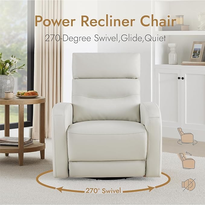 Watson &amp Whitely Swivel Recliner with Power Headrest Recliner Chairs for Adults Small Glider Rocker for Living Room Faux Leather in Cream