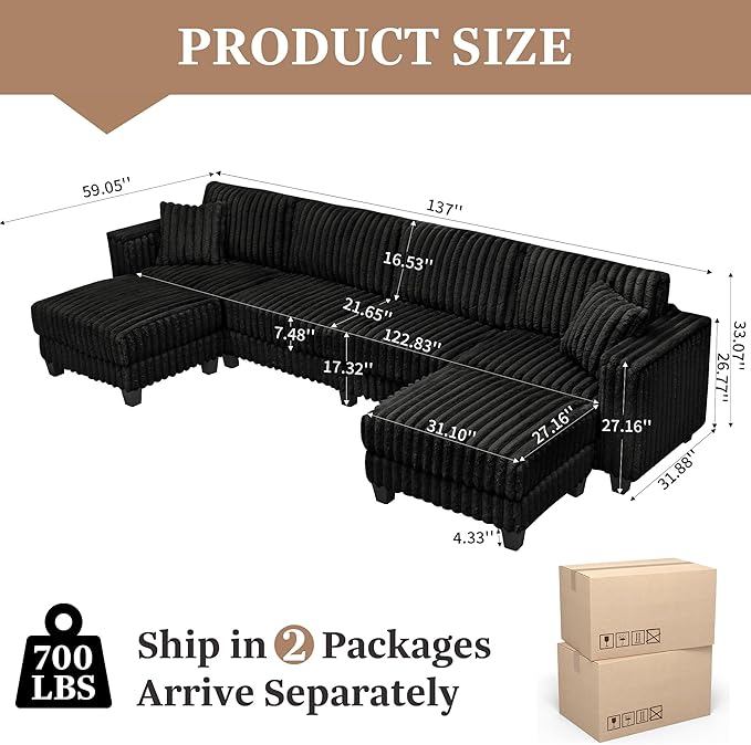 137 Cloud Couch Modular Sectional Sofa U Shaped Sectional Couch with Movable Ottoman Modern Large Convertible Comfy Faux Rabbit Fur 6 Seat Couches for Living Room Bedroom (Black)