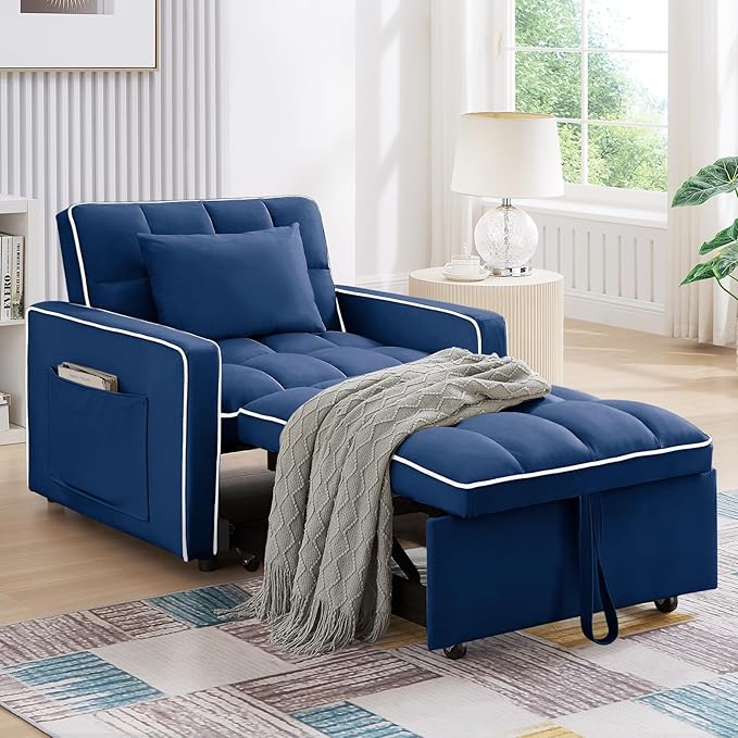 Antetek Convertible Sleeper Chair Bed 3 in 1 Modern Velvet Pull Out Sofa Bed Small Tufted Single Sleeper Chair with Adjustable Backrest/Pillow for Living Room Small Spaces Apartment Office Blue