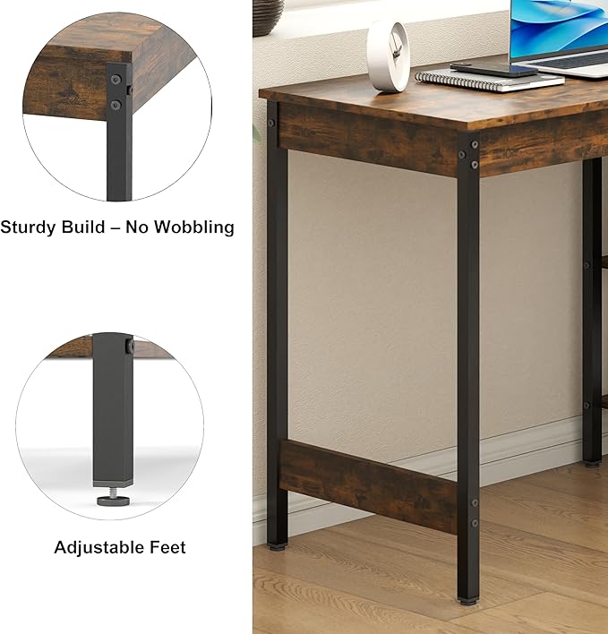 Manora 43 Inch Computer Desk with Drawers and Power Outlet Home Office Computer Tables for Laptop with Open Shelves Small Desk for Small Spaces Rustic Brown