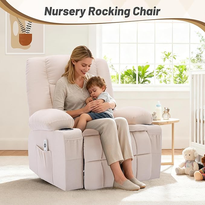 Rocker Recliner Chair with Massage and Heat Nursery Rocking Chairs for Living Room Ergonomic Comfy Relining Chair with Cup Holders USB Charge Port Side Pockets Recliner Chair for Adults Beige