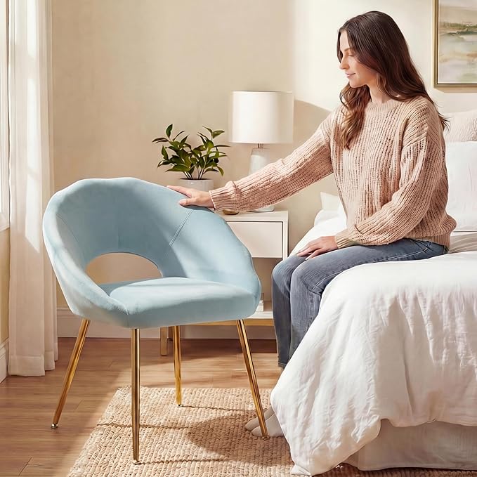 Modern Vanity Chair Living Room Chair with Gold Metal LegsVelvet Dining Chair Comfy Accent Chair for Makeup Room Waiting Room Dressing Room Bedroom Dining Room Home Office(Blue-green 1PCS)